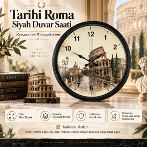 Roma Rakamlı Siyah Plastik Duvar Saati 36 cm · Model PP-36106B