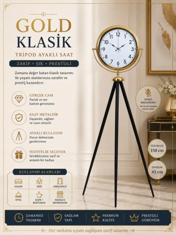 Gold Metal Ayaklı Tripod Saat 150 x 45 cm · Model AS-4001G