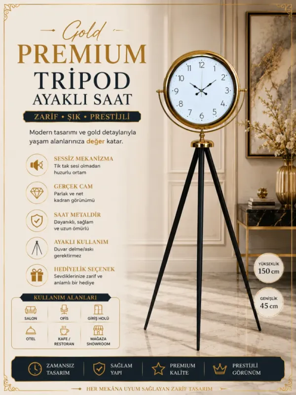 Gold Metal Ayaklı Tripod Saat 150 x 45 cm · Model AS-4004G