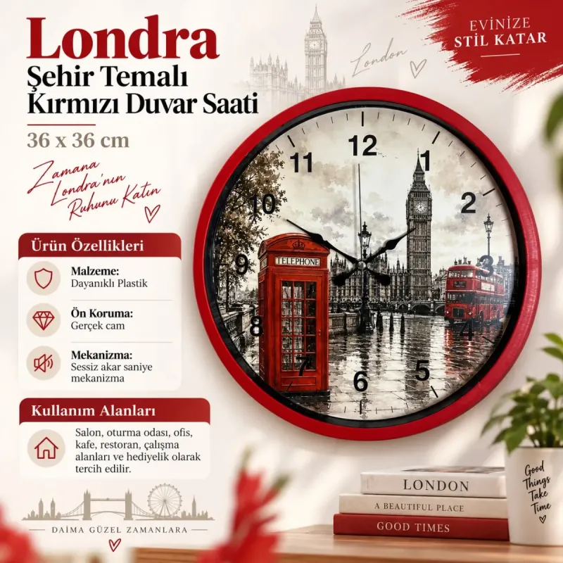 Kırmızı Plastik Duvar Saati 36 cm · Model PP-36103R