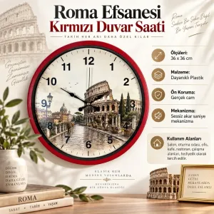 Roma Rakamlı Kırmızı Plastik Duvar Saati 36 cm · Model PP-36106R