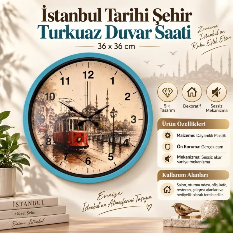 Turkuaz Plastik Duvar Saati 36 cm · Model PP-36101T