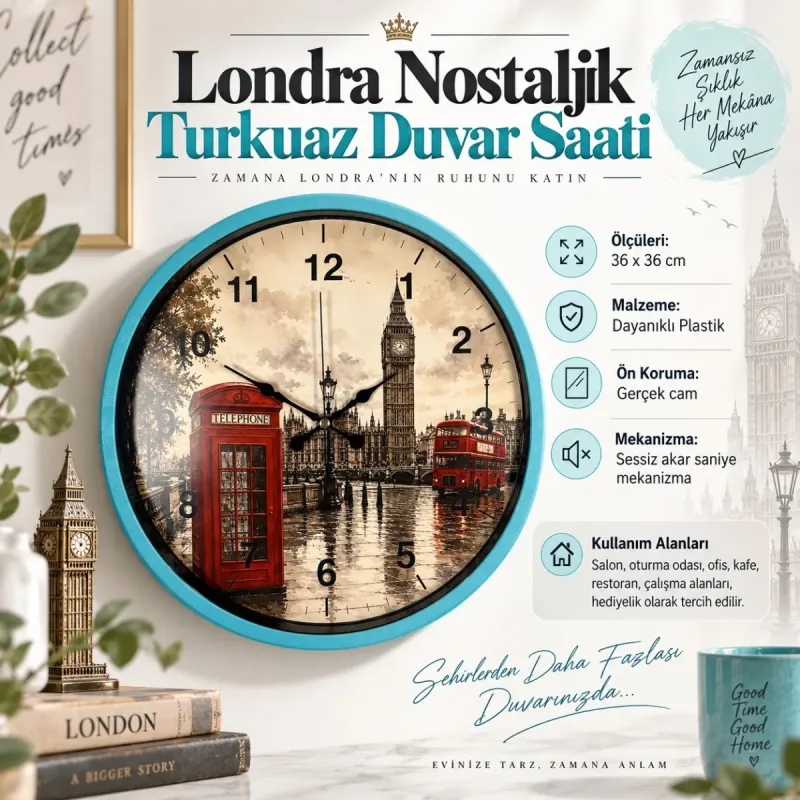 Turkuaz Plastik Duvar Saati 36 cm · Model PP-36103T