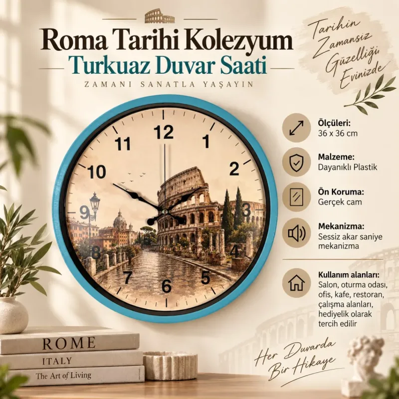 Roma Rakamlı Turkuaz Plastik Duvar Saati 36 cm · Model PP-36106T
