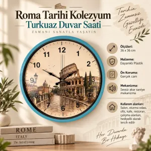 Roma Rakamlı Turkuaz Plastik Duvar Saati 36 cm · Model PP-36106T