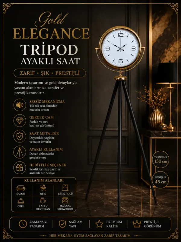 Gold Metal Ayaklı Tripod Saat 150 x 45 cm · Model AS-4008G