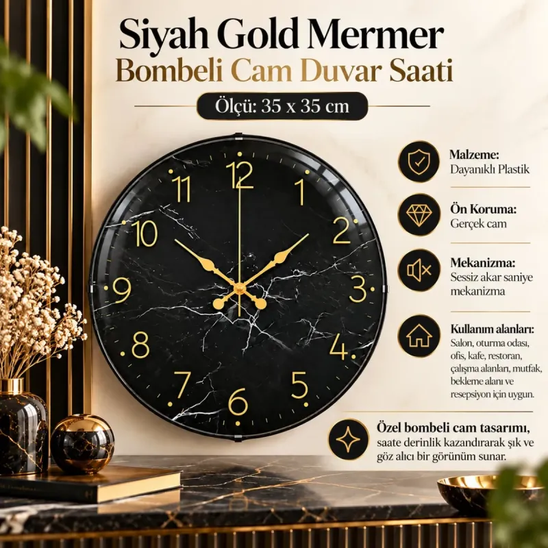 Mermer Desenli Bombeli Camlı Gold Plastik Duvar Saati 35 cm · Model BM-3511