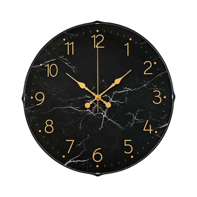 Mermer Desenli Bombeli Camlı Gold Plastik Duvar Saati 35 cm · Model BM-3511