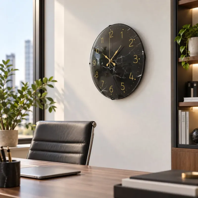 Mermer Desenli Bombeli Camlı Gold Plastik Duvar Saati 35 cm · Model BM-3511