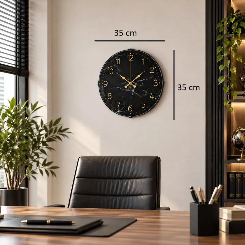 Mermer Desenli Bombeli Camlı Gold Plastik Duvar Saati 35 cm · Model BM-3511