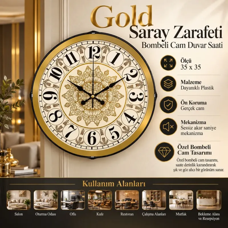 Bombeli Camlı Gold Plastik Duvar Saati 35 cm · Model BM-3517