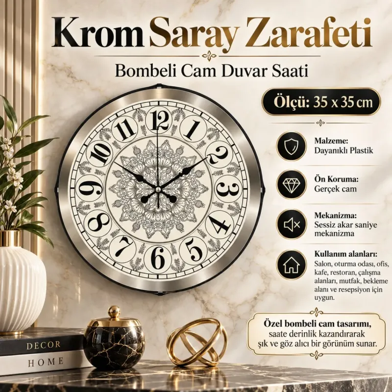 Bombeli Camlı Krem Plastik Duvar Saati 35 cm · Model BM-3519
