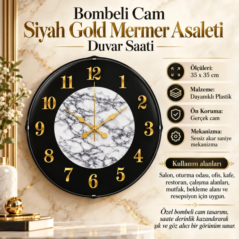Mermer Desenli Bombeli Camlı Beyaz Plastik Duvar Saati 35 cm · Model BM-3522