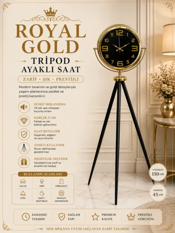Gold Metal Ayaklı Tripod Saat 150 x 45 cm · Model AS-4010G