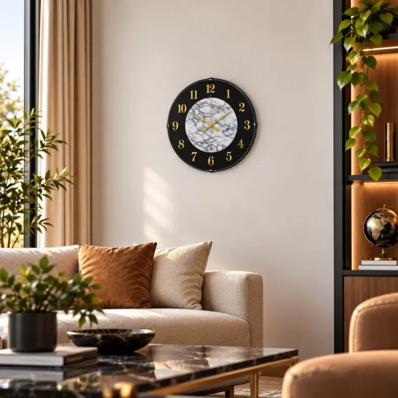 Mermer Desenli Bombeli Camlı Beyaz Plastik Duvar Saati 35 cm · Model BM-3522