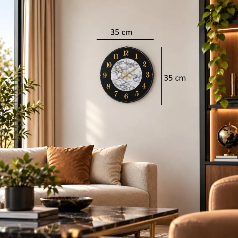 Mermer Desenli Bombeli Camlı Beyaz Plastik Duvar Saati 35 cm · Model BM-3522