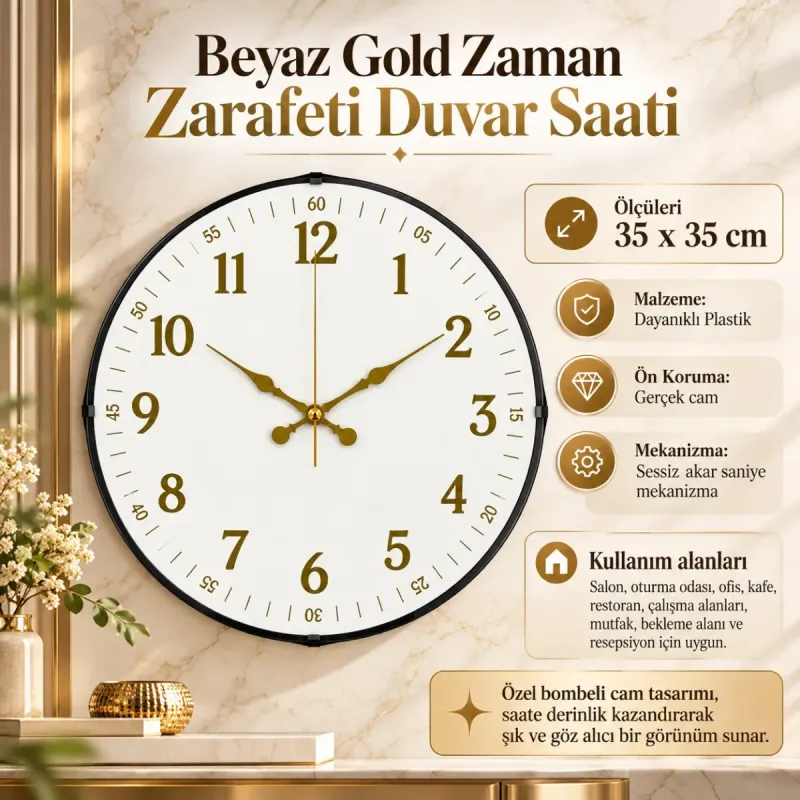 Bombeli Camlı Beyaz Plastik Duvar Saati 35 cm · Model BM-3543