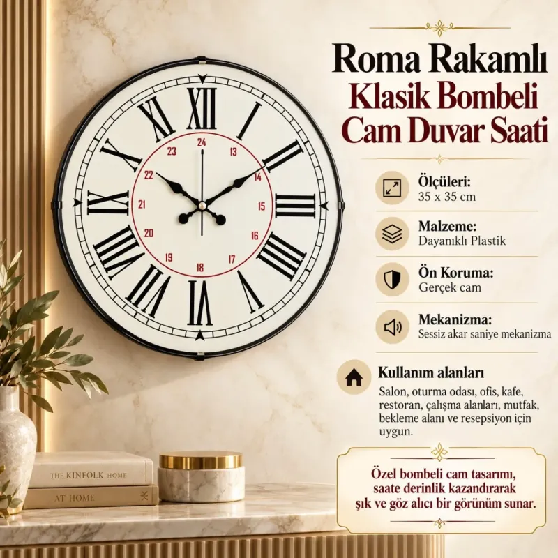 Roma Rakamlı Bombeli Camlı Beyaz Plastik Duvar Saati 35 cm · Model BM-3552
