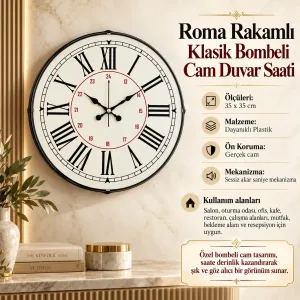 Roma Rakamlı Bombeli Camlı Beyaz Plastik Duvar Saati 35 cm · Model BM-3552