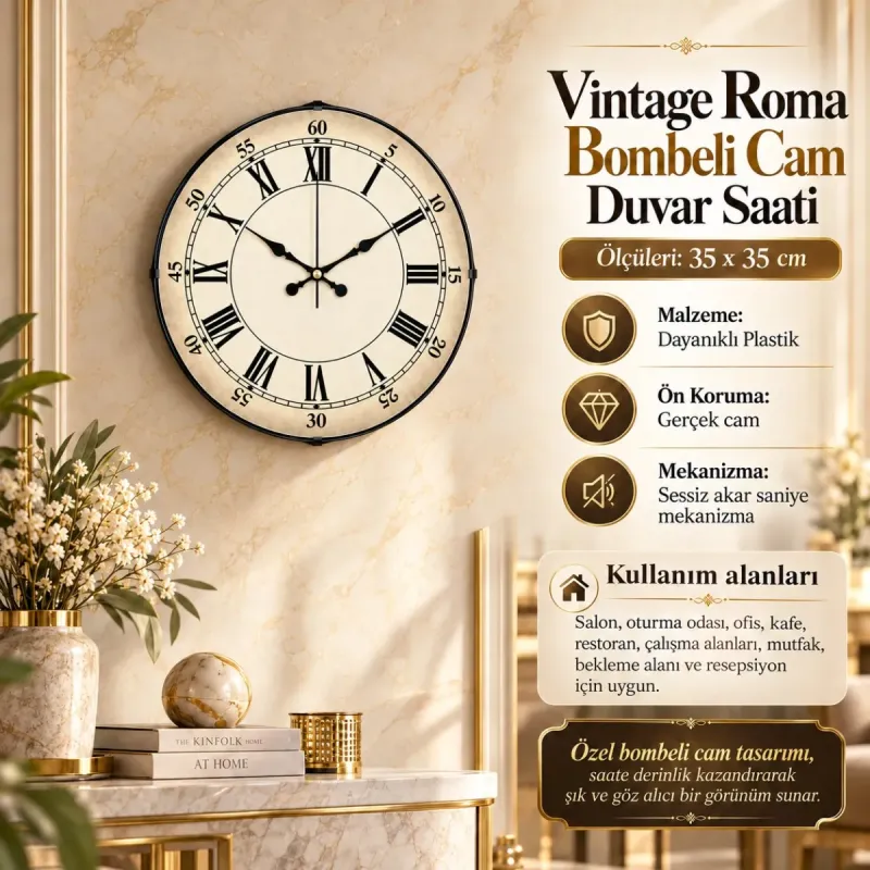 Roma Rakamlı Bombeli Camlı Krem Plastik Duvar Saati 35 cm · Model BM-3556