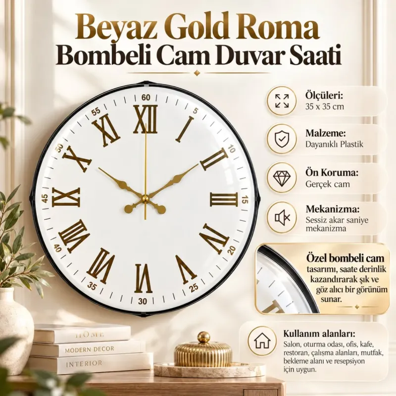 Roma Rakamlı Bombeli Camlı Beyaz Plastik Duvar Saati 35 cm · Model BM-3575