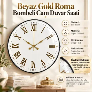 Roma Rakamlı Bombeli Camlı Beyaz Plastik Duvar Saati 35 cm · Model BM-3575