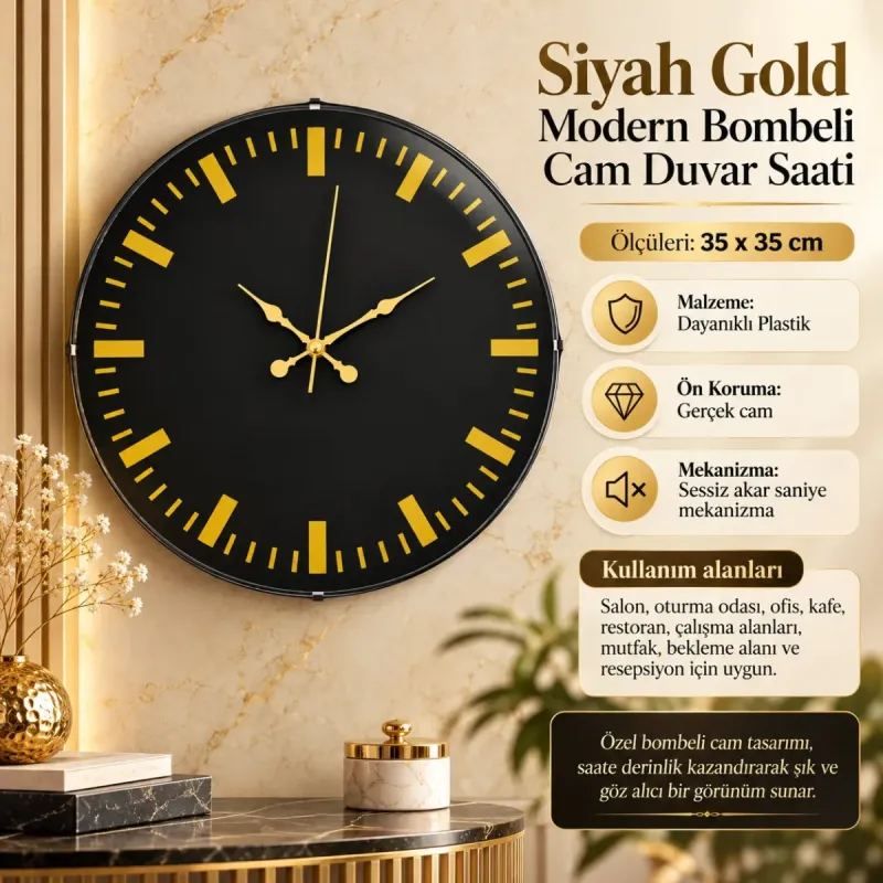 Bombeli Camlı Gold Plastik Duvar Saati 35 cm · Model BM-3588