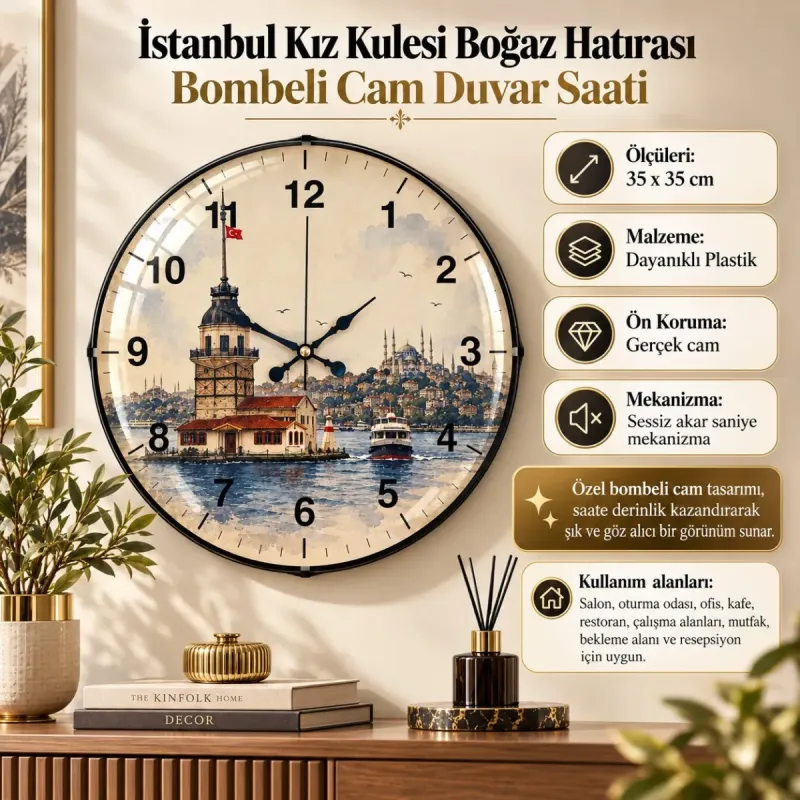 Kız Kulesi Motifli Bombeli Camlı Krem Plastik Duvar Saati 35 cm · Model BM-35102