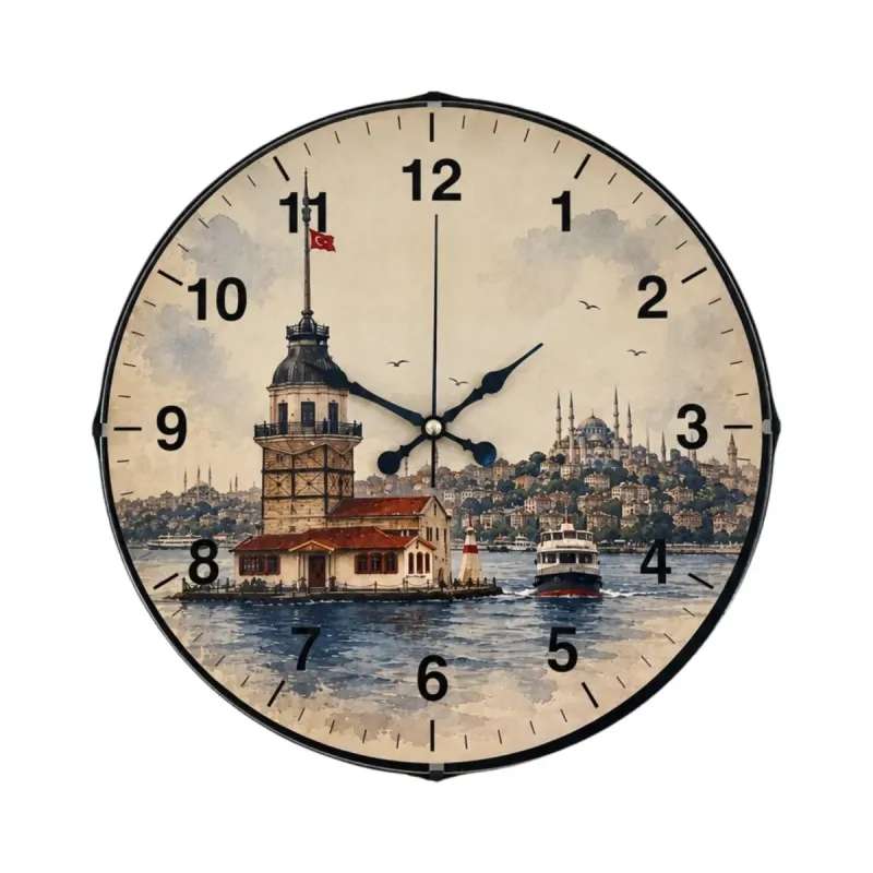 Kız Kulesi Motifli Bombeli Camlı Krem Plastik Duvar Saati 35 cm · Model BM-35102