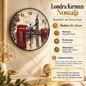 Londra Motifli Bombeli Camlı Kırmızı Plastik Duvar Saati 35 cm · Model BM-35103
