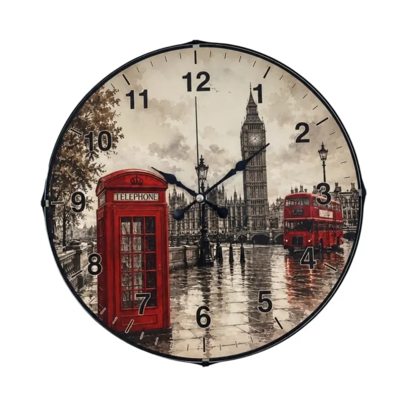 Londra Motifli Bombeli Camlı Kırmızı Plastik Duvar Saati 35 cm · Model BM-35103