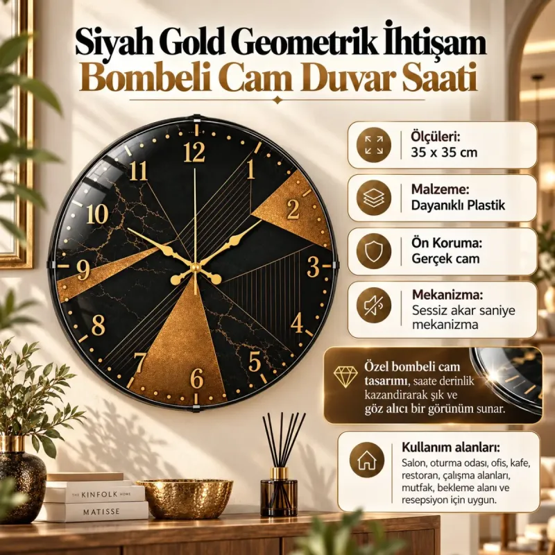 Geometrik Desenli Bombeli Camlı Gold Plastik Duvar Saati 35 cm · Model BM-35121
