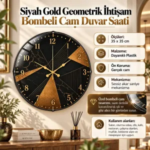 Geometrik Desenli Bombeli Camlı Gold Plastik Duvar Saati 35 cm · Model BM-35121