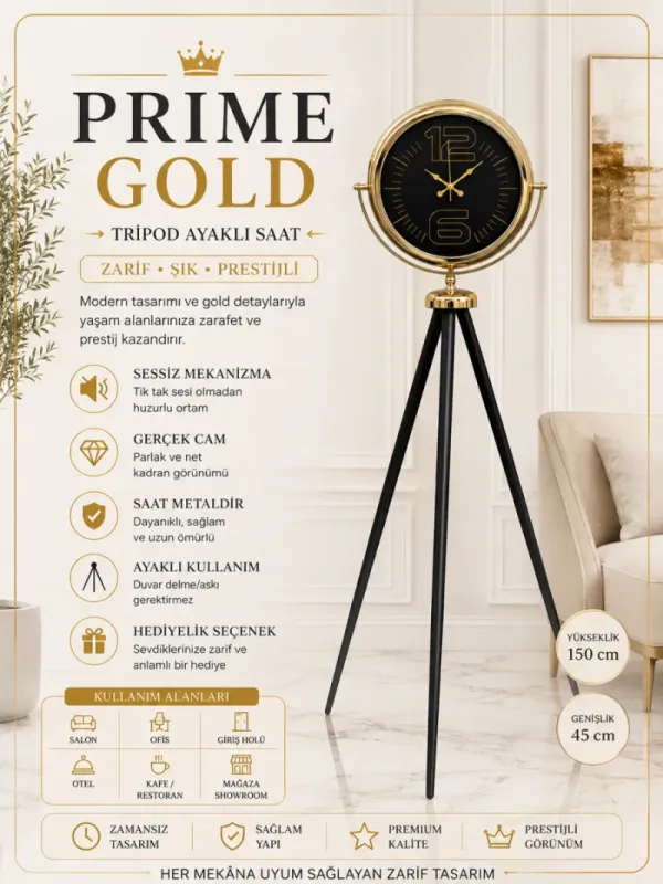 Gold Metal Ayaklı Tripod Saat 150 x 45 cm · Model AS-4012G