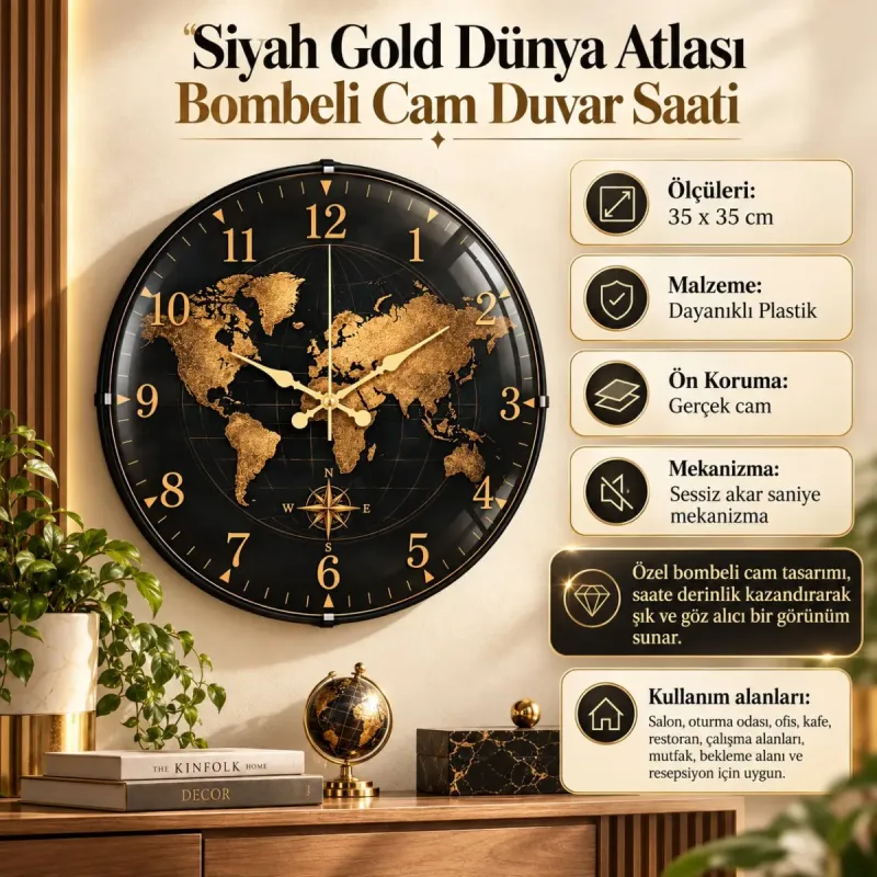 Dünya Haritalı Bombeli Camlı Gold Plastik Duvar Saati 35 cm · Model BM-35123