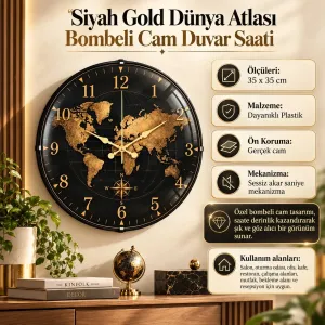 Dünya Haritalı Bombeli Camlı Gold Plastik Duvar Saati 35 cm · Model BM-35123