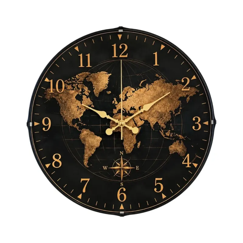 Dünya Haritalı Bombeli Camlı Gold Plastik Duvar Saati 35 cm · Model BM-35123