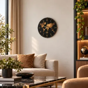 Dünya Haritalı Bombeli Camlı Gold Plastik Duvar Saati 35 cm · Model BM-35123