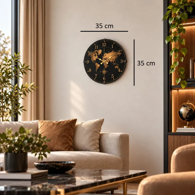 Dünya Haritalı Bombeli Camlı Gold Plastik Duvar Saati 35 cm · Model BM-35123