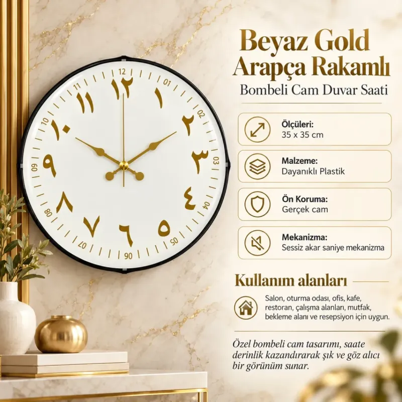 Arapça Rakamlı Bombeli Camlı Beyaz Plastik Duvar Saati 35 cm · Model BM-351501