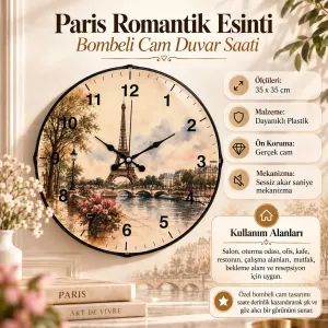 Paris Motifli Roma Rakamlı Bombeli Camlı Kahverengi Plastik Duvar Saati 35 cm · Model BM-35104