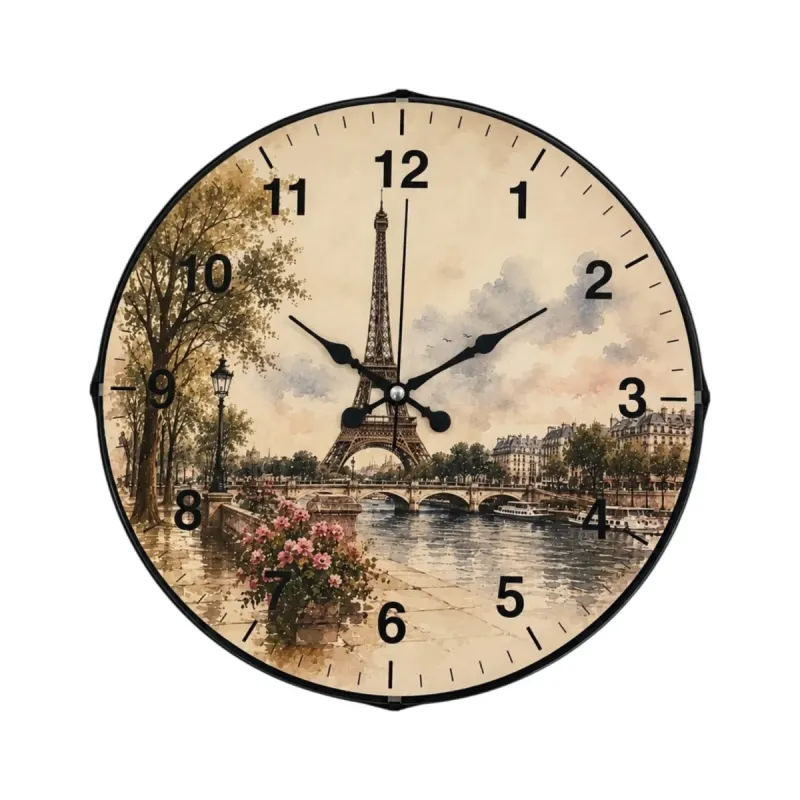 Paris Motifli Roma Rakamlı Bombeli Camlı Kahverengi Plastik Duvar Saati 35 cm · Model BM-35104