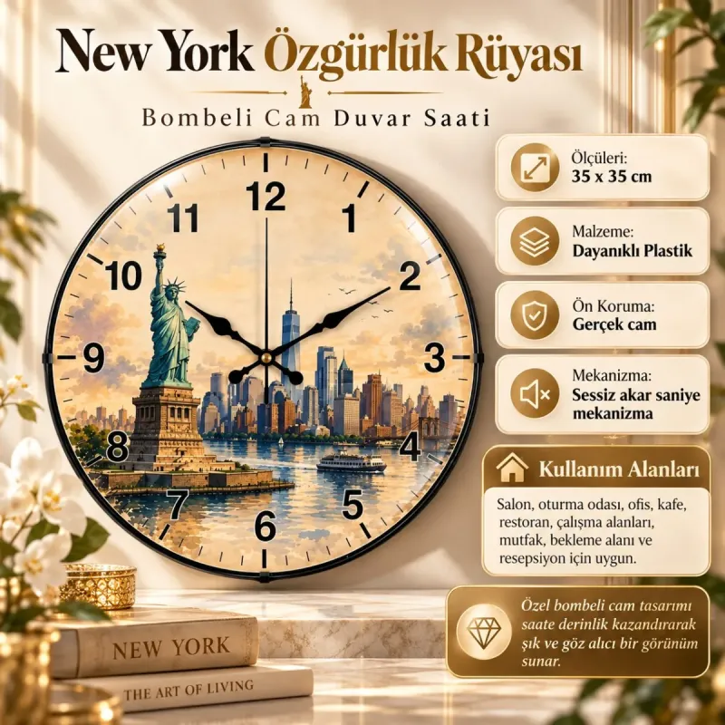 New York Motifli Bombeli Camlı Krem Plastik Duvar Saati 35 cm · Model BM-35105