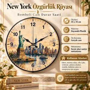 New York Motifli Bombeli Camlı Krem Plastik Duvar Saati 35 cm · Model BM-35105