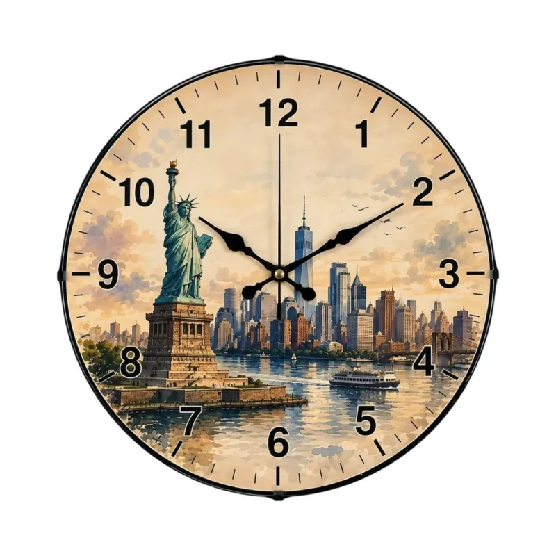 New York Motifli Bombeli Camlı Krem Plastik Duvar Saati 35 cm · Model BM-35105