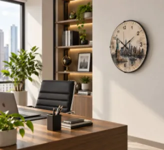 New York Motifli Bombeli Camlı Krem Plastik Duvar Saati 35 cm · Model BM-35105