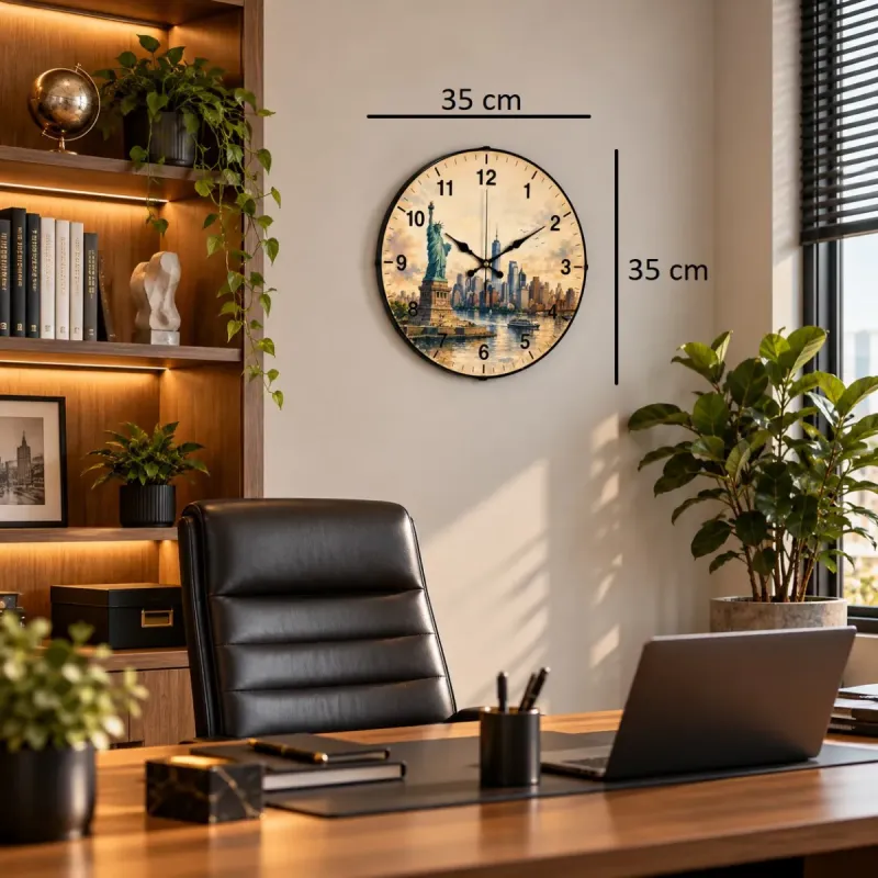 New York Motifli Bombeli Camlı Krem Plastik Duvar Saati 35 cm · Model BM-35105
