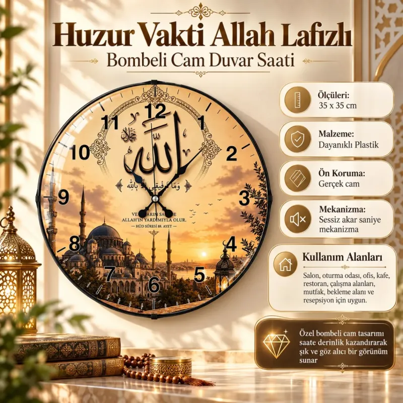 Allah Lafızlı Bombeli Camlı Krem Plastik Duvar Saati 35 cm · Model BM-35113