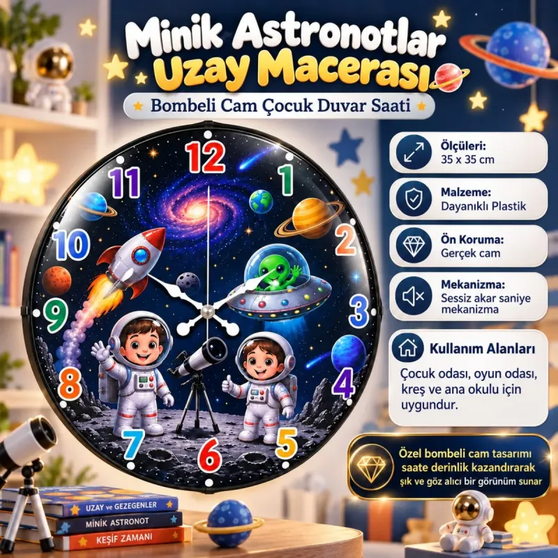 Uzay Temalı Bombeli Camlı Beyaz Plastik Çocuk Odası Duvar Saati 35 cm · Model BM-35133