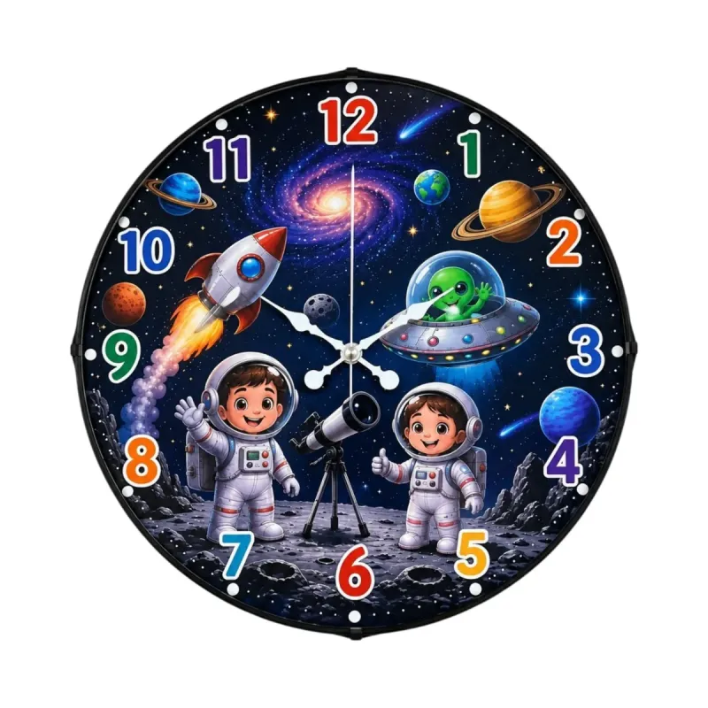 Uzay Temalı Bombeli Camlı Beyaz Plastik Çocuk Odası Duvar Saati 35 cm · Model BM-35133